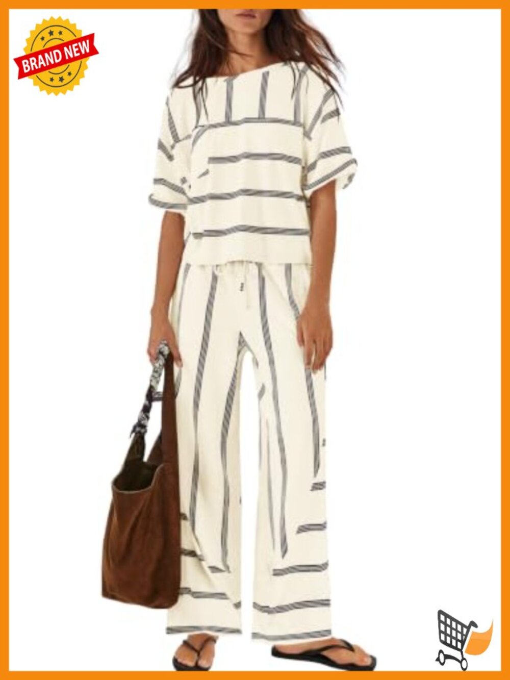 Striped Lounge Set 2 Piece Cotton Blend Top & Wide Leg Pants Relaxed Fit